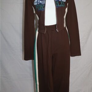 Fashion Nova Brown Jogger Set with White and Green Accents